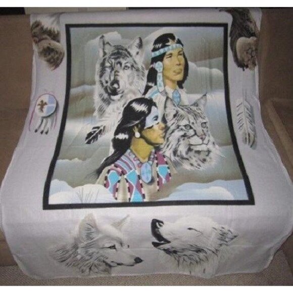 New Southwest Native Indian Chief Wolf Wolves Bobcat Fleece Throw Blanket Eagle - Picture 1 of 3